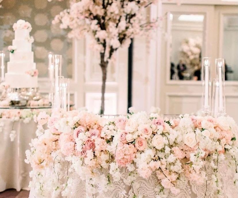 Pink and white wedding table flowers in Cheshire & Manchester