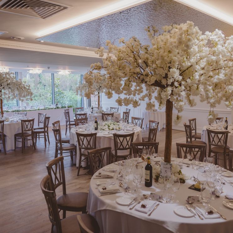 Tall white blossom tree table centre pieces to hire Manchester