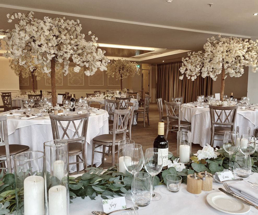 White blossom tree table centre piece hire Old Palace Chester