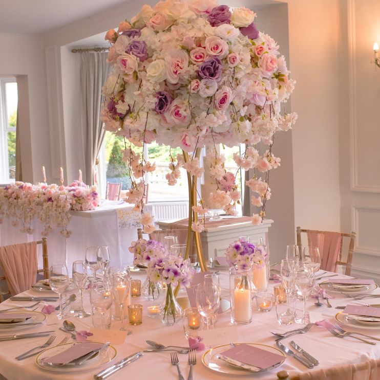 Pale blush pink wedding table flowers centre pieces to hire Cheshire