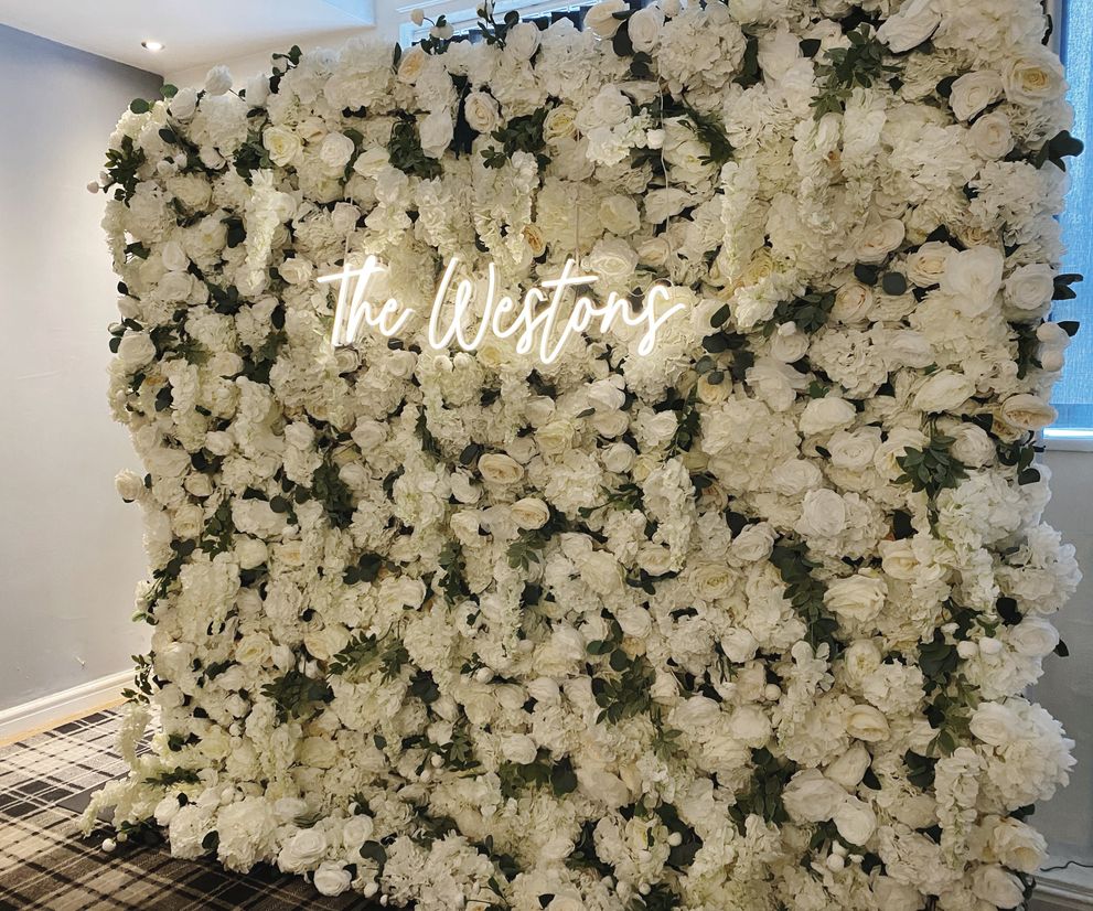 Wedding Flower Wall Backdrop and Neon Sign Hire Manchester