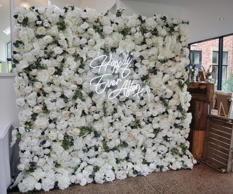 White Flower Wall and Neon Sign Hire for Weddings in Cheshire