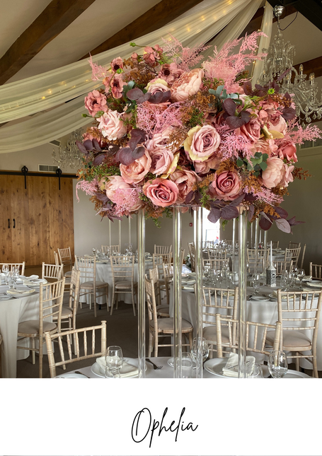 Blush pink flowerball tall wedding table pink floral centre pieces to hire in Manchester and Cheshire