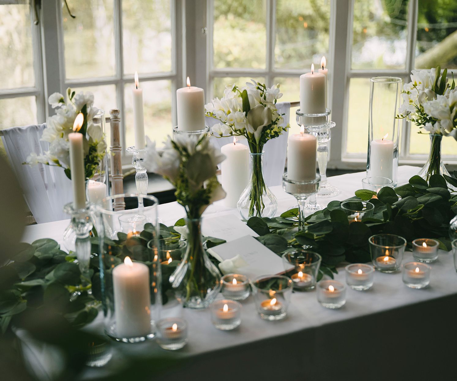 Wedding table candle styling with foliage ideas venue decor Cheshire 