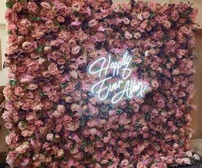 Blush Pink Flower Wall With Happily Ever After Neon Sign Hire