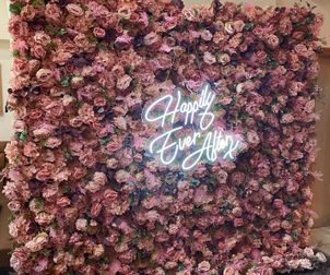 Dusky Pink Flower Wall with Wedding Neon Sign Hire in Cheshire 