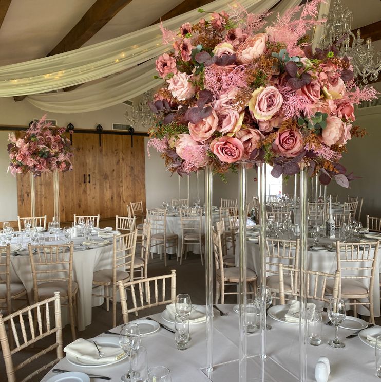Blush pink wedding floral table centre pieces to hire in Cheshire