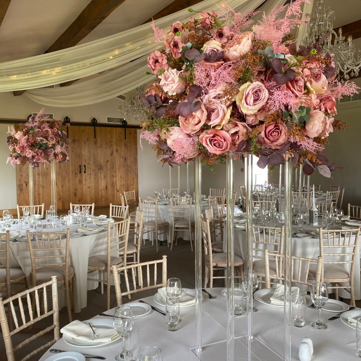 Blush pink wedding floral table centre pieces to hire in Cheshire