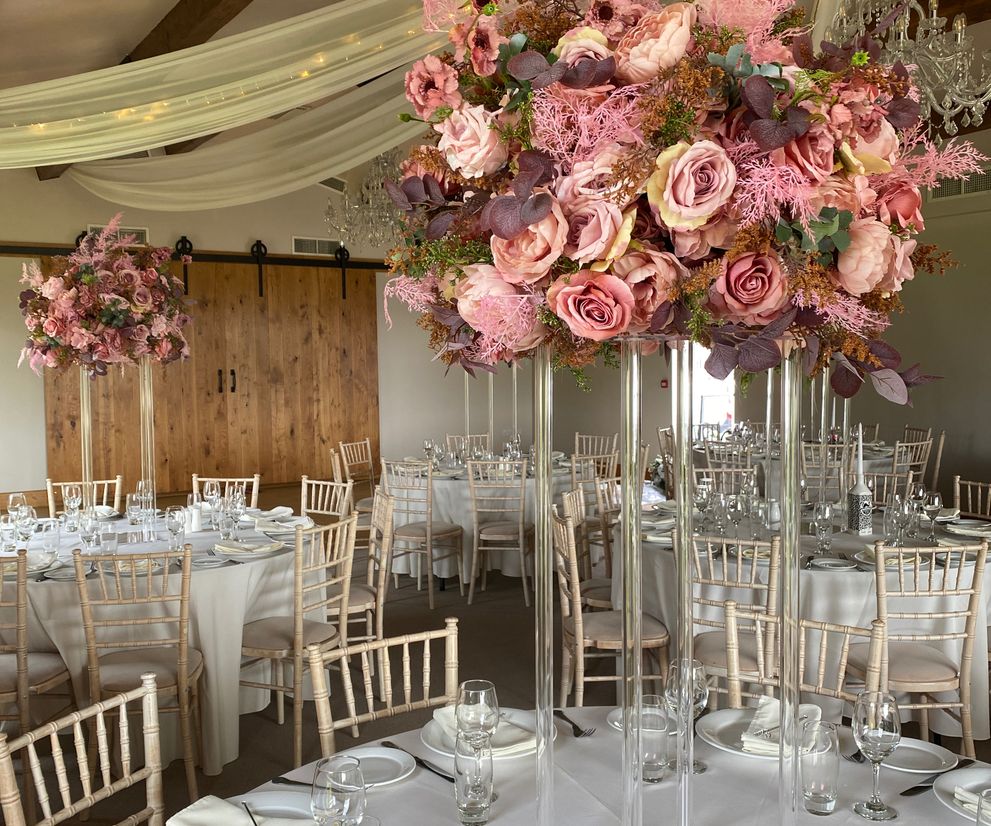 Dusky blush pink wedding table centre pieces table styling Cheshire