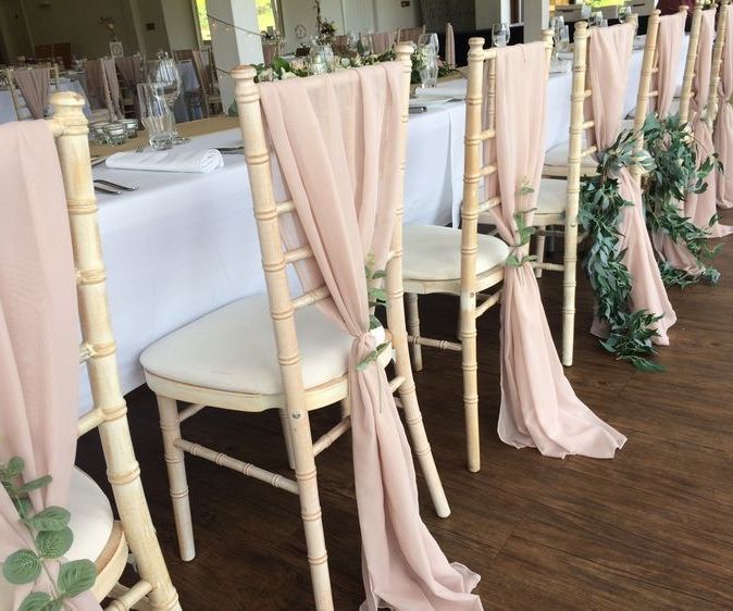 Blush pink chiffon chair drapes to hire in Manchester & Cheshire