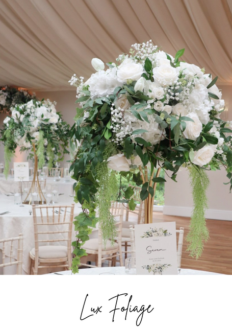 White and Green Foliage Wedding Table Centre Pieces to Hire in Manchester, Cheshire, North Wales, Liverpool & Merseyside