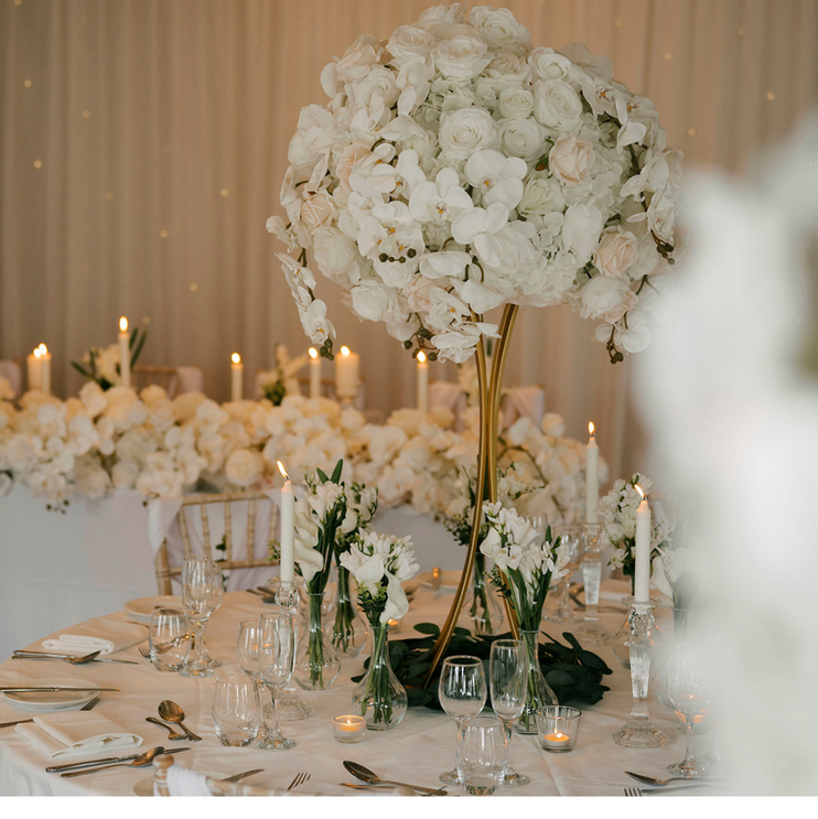 White rose orchid wedding table centre pieces to hire in Cheshire