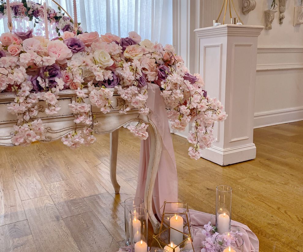 Pink wedding flowers and decor to hire at Ashfield House Cheshire
