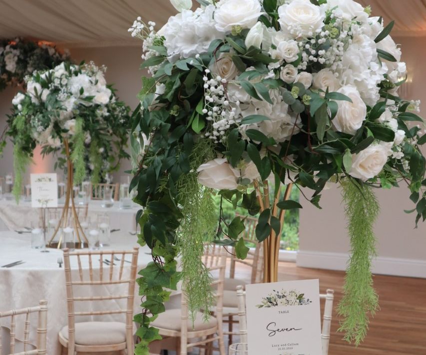 White and green floral centre pieces to hire in Cheshire & Manchester